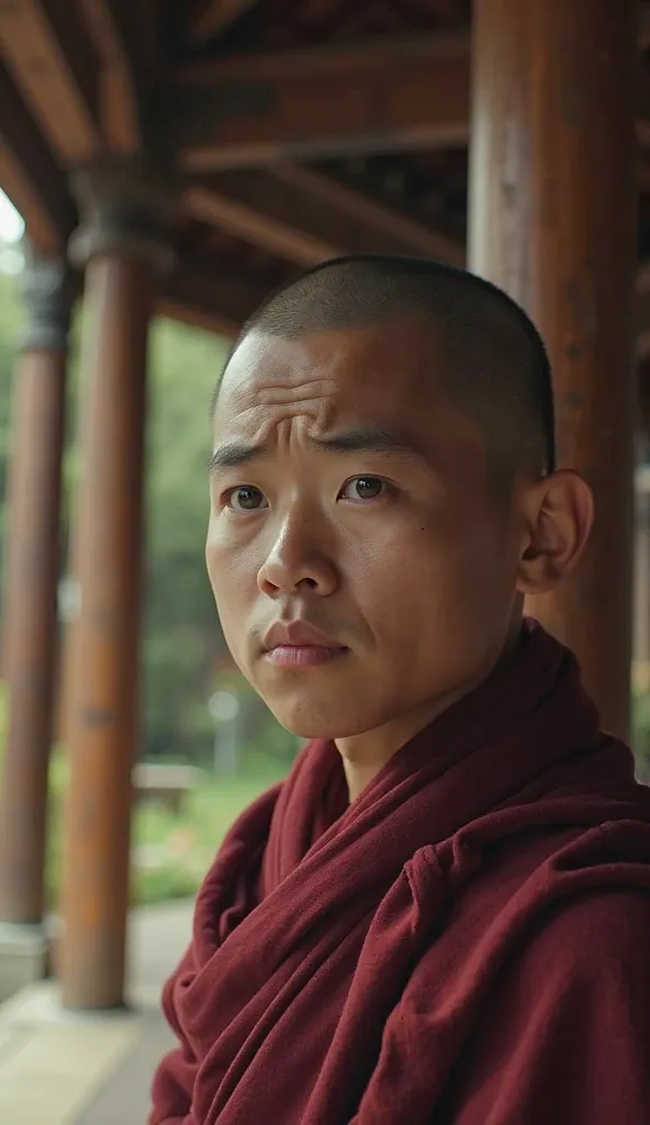  Realictic cinematic style  

"A medium shot of the young student, looking puzzled and thoughtful, scratching his head. His eyebrows are slightly raised as he questions the "An elderly-looking Tibetan zen master". The setting remains tranquil, with the mon...