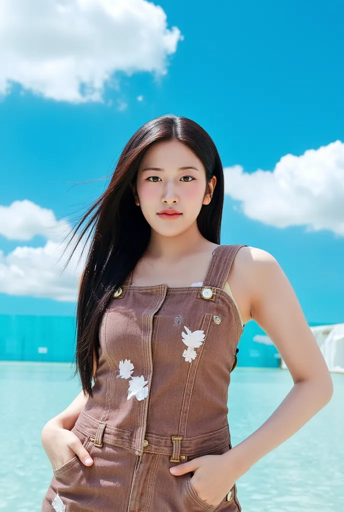 The scene features a young Asian woman with striking long brown hair that cascades down past her shoulders, creating a flowing effect reminiscent of water. She is depicted wearing nothing but a denim overalls, which are a radiant brown adorned with lighter...