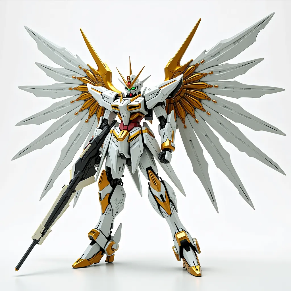 gundam with wings,Hi-ν Gundam,12 mechanical wings,white and gold body,slim body,green sharp eyes,delicate and detailed shapes,plain background,beautiful robot,Beautiful golden details,Katoki standing,wings bigger than the whole body,turn diagonally to the ...