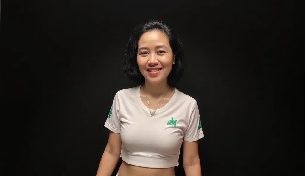 50 years old woman, with wrinkly skin super flat chest, extra small chest , drop down ugly breast shape , short wavy black hair, flat stomach, full body photography, white slim fit tennis jersey with green brand logo, head down, white underwear, dark backg...