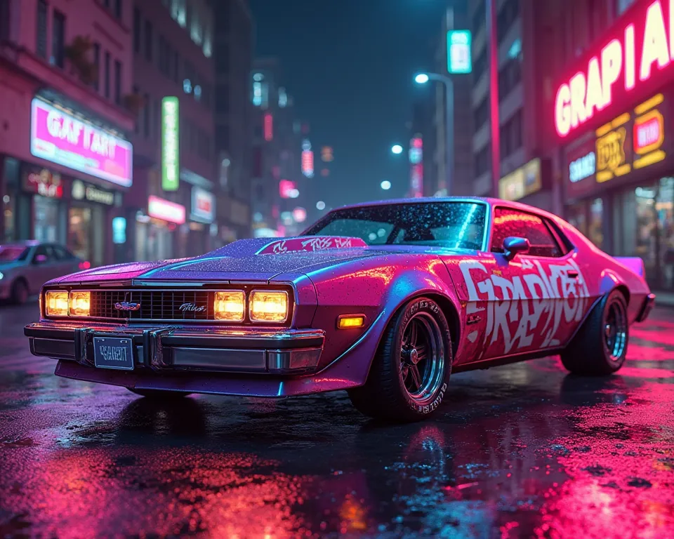 Classic hip-hop style cars with neon colors and text that says GRAFIART, 4k resolution