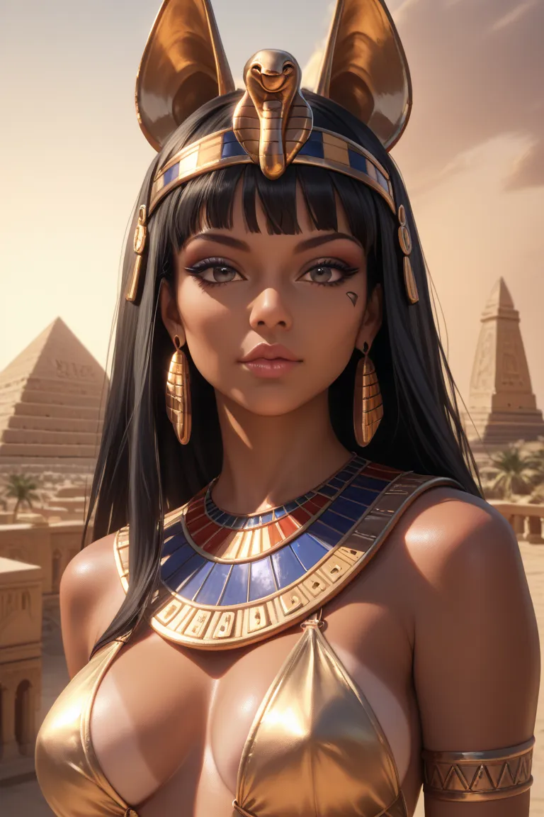 A group of 5 beautiful women from ancient Egypt with tanned skin, embellished black hair, revealing clothes, 4K, ultra-detailed, photorealistic bikini, oil painting,  portrait, studio lighting, vivid colors,  high contrast, Egyptian sunset, Pyramids in the...