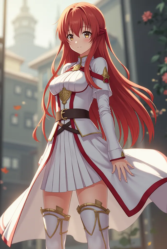 Create a realistic image of Asuna,  character from Sword Art Online , transitioning from anime style to a real human appearance. She must be wearing her iconic white battle outfit from the guild 'knights of the Blood', composed of a white tunic with red de...