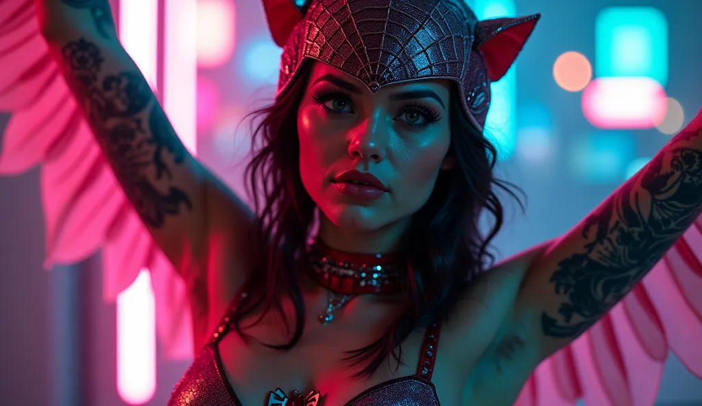 Close-up of Cleopatra wearing a Spiderman costume, hipster, in the tattoo , full length, cat, with katana, cyberpunk 2077, лицо in the tattoo ,  cybernetic,  with wings , in a cyberpunk, Cybergirl , magical beauty, neon, neonовые частицы, хлопья  snow а,  ...