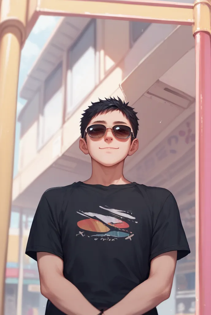 Short Hair, Solo, Best Quality, Black Hair, , Lonely, Expressionless, From Below, Sunglasses, Hoody, Blurry, Anime, Nervous Smile, 