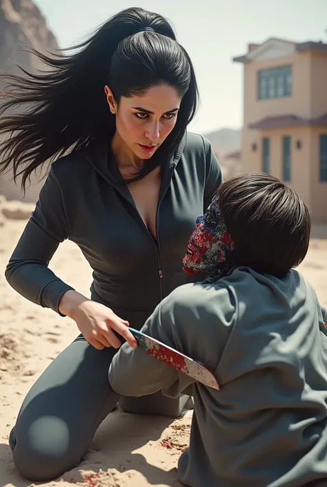 Realistic, A Very beautiful woman, woman very thick hair, boy hoodie, woman kill boy, woman very big breast, woman slaughters boy neck like a lamb, boy neck is flowing with blood, woman knife, boy dead, boy full face mask