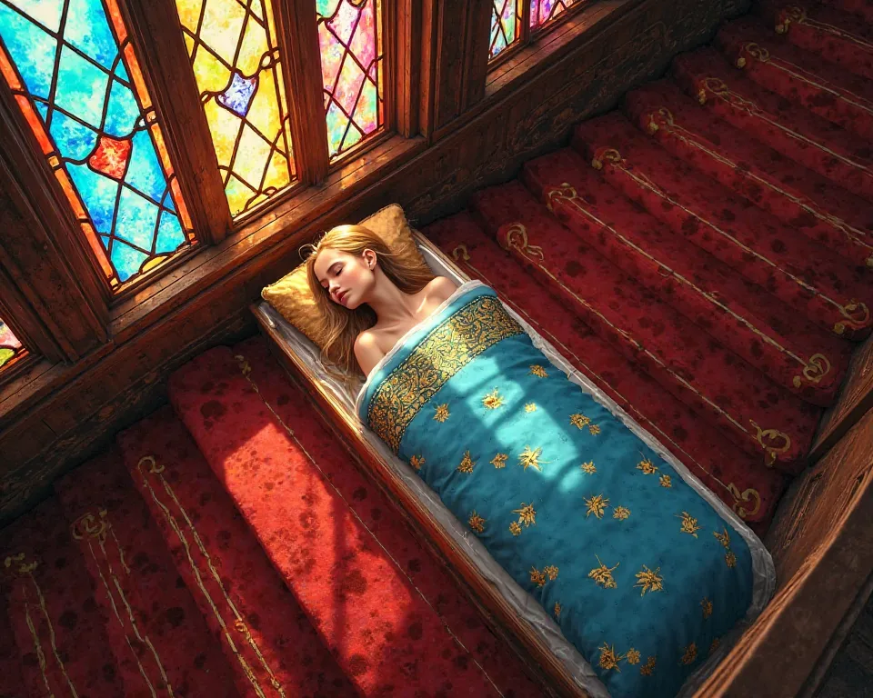 Realistic with bright rainbow-colored stained-glass windows and layered stairs with red carpets. 
The princess sleeps with her eyes closed, lying in an elongated rectangular, luxurious glass tube neatly arranged on the stairs, putting on a warm blue futon ...