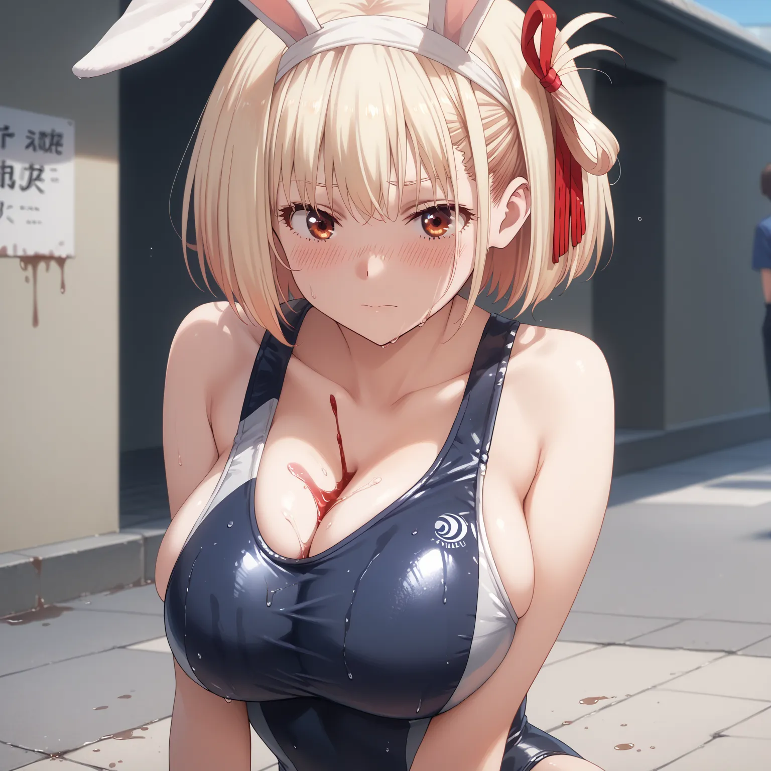 chisato nishikigi, short hair, bangs, blonde hair, red eyes, hair ribbon, one side up, bob cut, huge breasts, highlight breasts, slender waist, rabbit ears head band, leotard swimsuit, skinny swimsuit, cleavage, (spill over breast:1.2), highlight cleavage,...