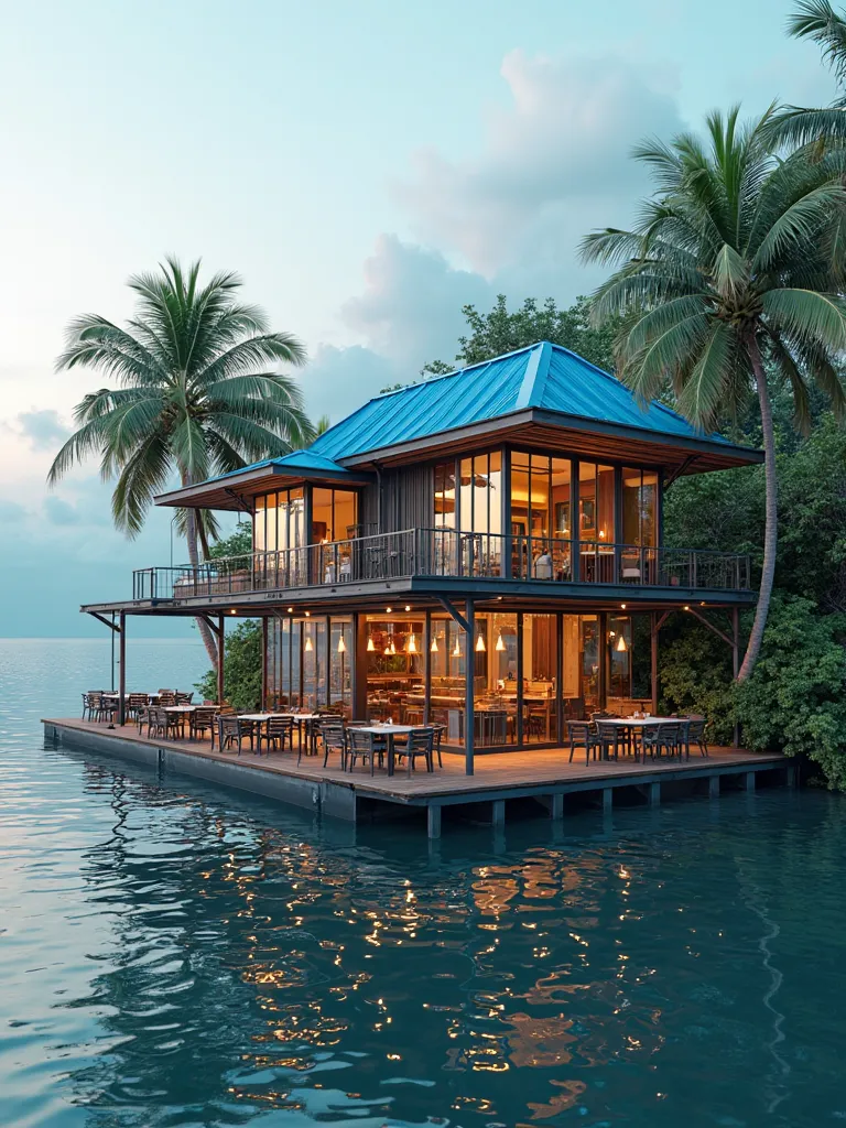 a modern 3story floating cafe on the water, the design of the cafe has a blue roof with a typical tropical shape, a large glass wall, a balcony hangina modern 3story floating cafe on the water, detailed tropical cafe architecture, blue roof with typical tr...