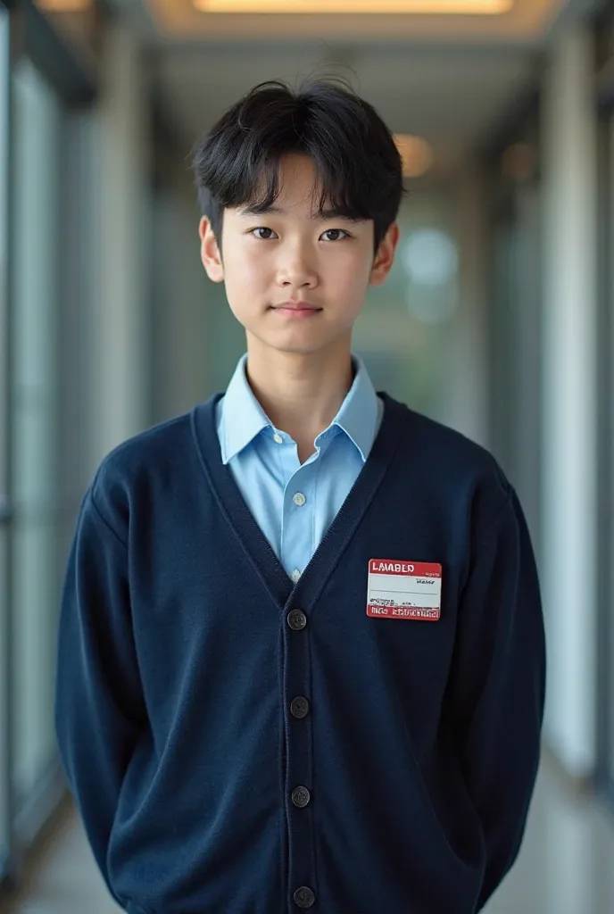 A young Guard in a blue shirt and a dark blue cardigan with a red and white rectangular badge on the chest 