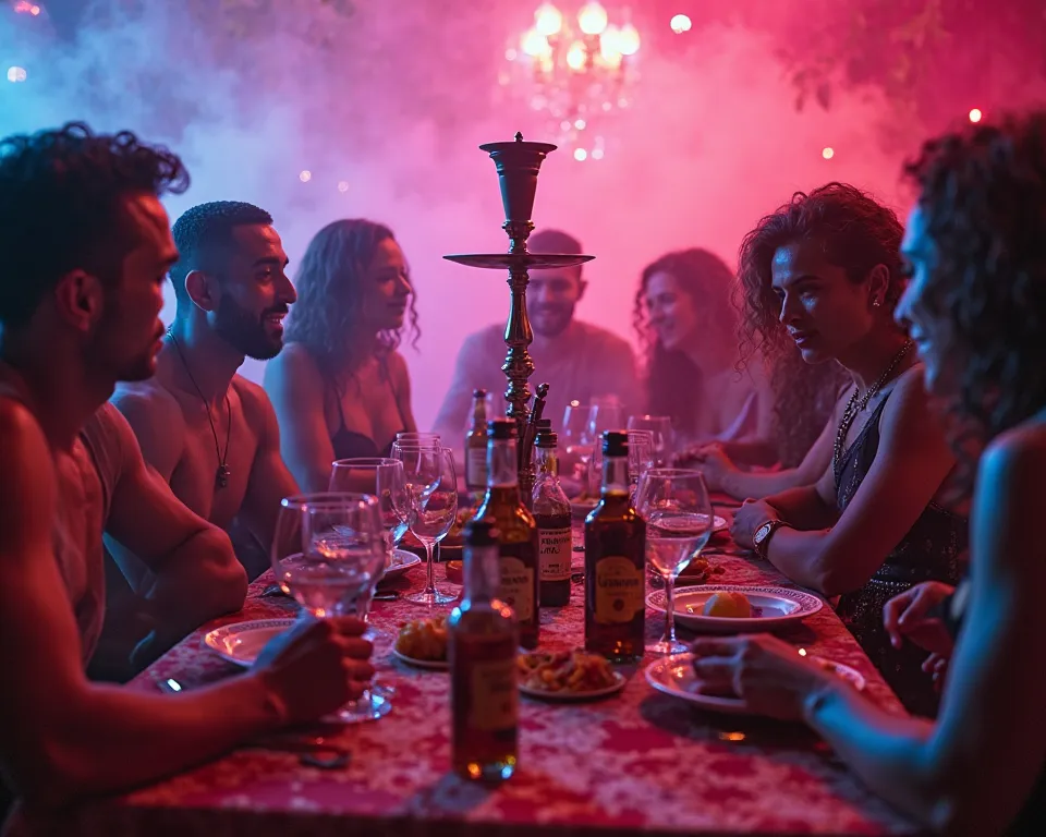 PEOPLE AT A TABLE, WITH MANY WINE GLASSES, BOTTLES OF RUM, HOOKAH, AND A LOT OF NEON SMOKE, 4K FULL RESOLUTION