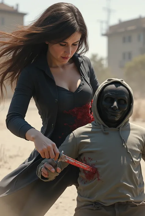 Realistic, A Very beautiful woman, woman very thick hair, boy hoodie, woman kill boy, woman very big breast, woman slaughters boy neck like a lamb, boy neck is flowing with blood, woman knife, boy dead, boy full face mask