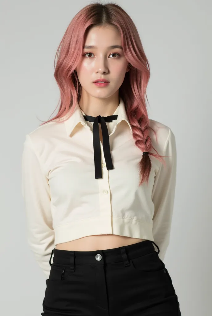 A female figure with straight, medium-length pinkish-red hair styled into a loose side braid, featuring detailed individual strands for added texture. Some strands fall naturally around her face, and she has striking golden eyes. She wears a snug button-up...