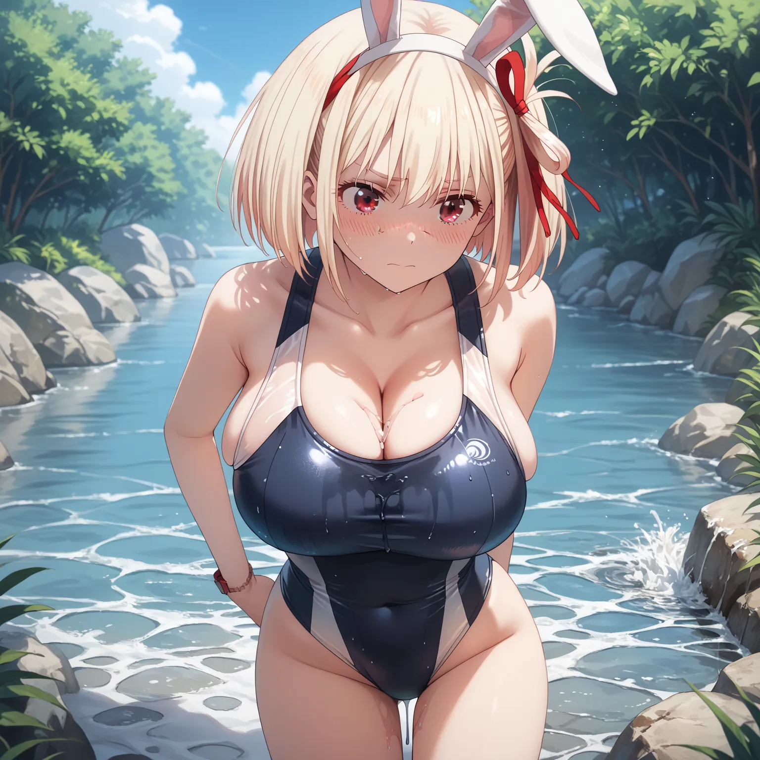 chisato nishikigi, short hair, bangs, blonde hair, red eyes, hair ribbon, one side up, bob cut, huge breasts, highlight breasts, slender waist, rabbit ears head band, (leotard swimsuit:1.3), skinny swimsuit, cleavage, (spill over breast:1.2), white water, ...