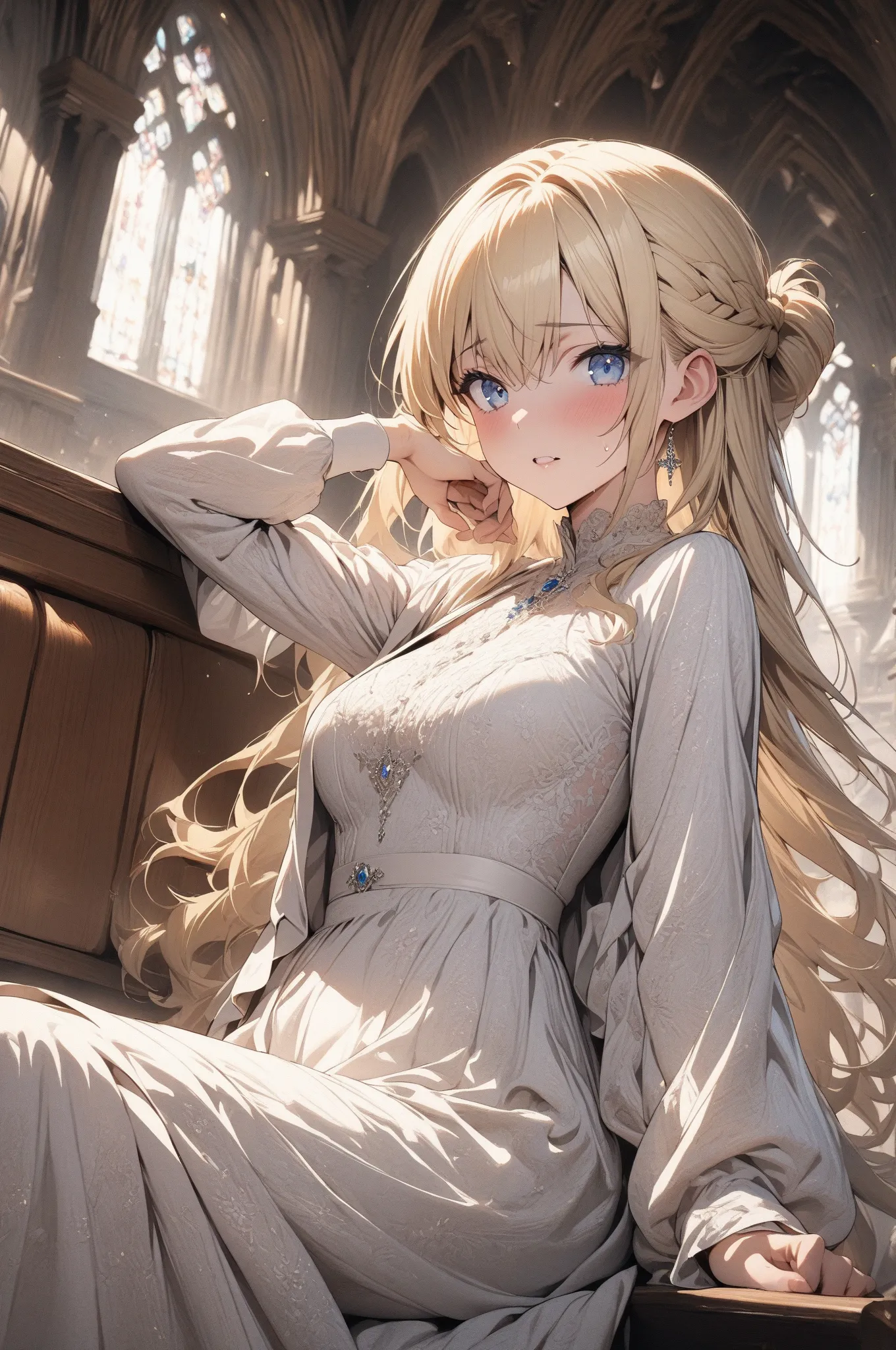 (masterpiece, detailed:1.2), One Girl, elegant, (18-years old), blonde half updo, Medium Breasts, sky blue eyes, BREAK, Highest quality, Random Pose, sitting in church, view from far