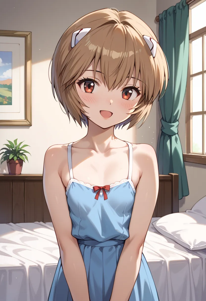 ((top quality)), ((masterpiece)), (be familiar with), perfect face, indoors, bedroom, watching viewers,
One woman, Ayanami Rei,
open mouth, ecstatic expression, blush, smile,
 small tits, flat chest, Young girl,  lori,  ,  girl,
Short Hair, short hair,
 op...