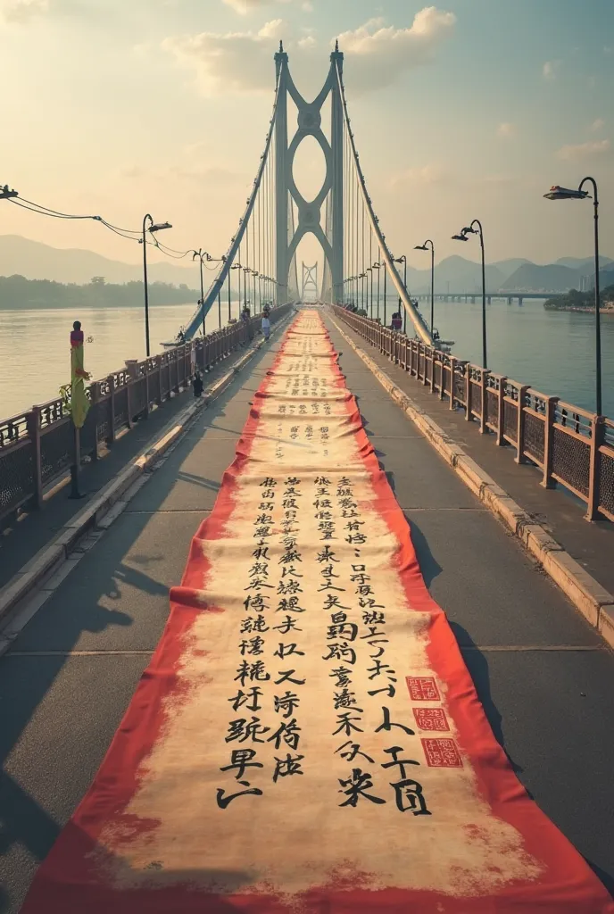 Mao Zedong's verses are written on the long volume，The long roll shows a wavy state，The background is the Wuhan Yangtze River Bridge，There are verses written by Mao Zedong on the long scroll