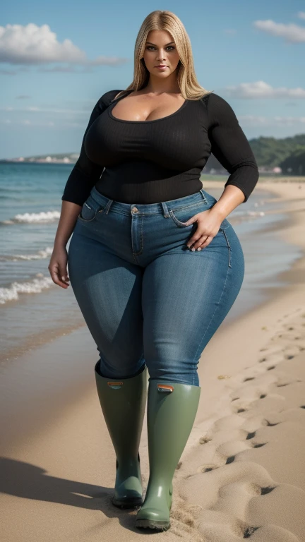 Realistic photo from head to toe,   full body shot, Araffe big curvy muscular blonde BBW,  wide hips,   short jeans , dark green short top with deep neckline,  long strong legs , heavy black wellies ,  hourglass figure,   on the beach    , full body shot, ...