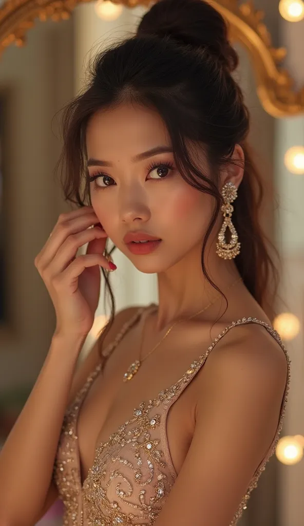 A young, beautiful Asian woman, dressed in an elegant and seductive style, alluring gaze, adjusting diamond earrings in front of a grand mirror, lavish dressing room with soft glowing lights, Comic Marvel style.	