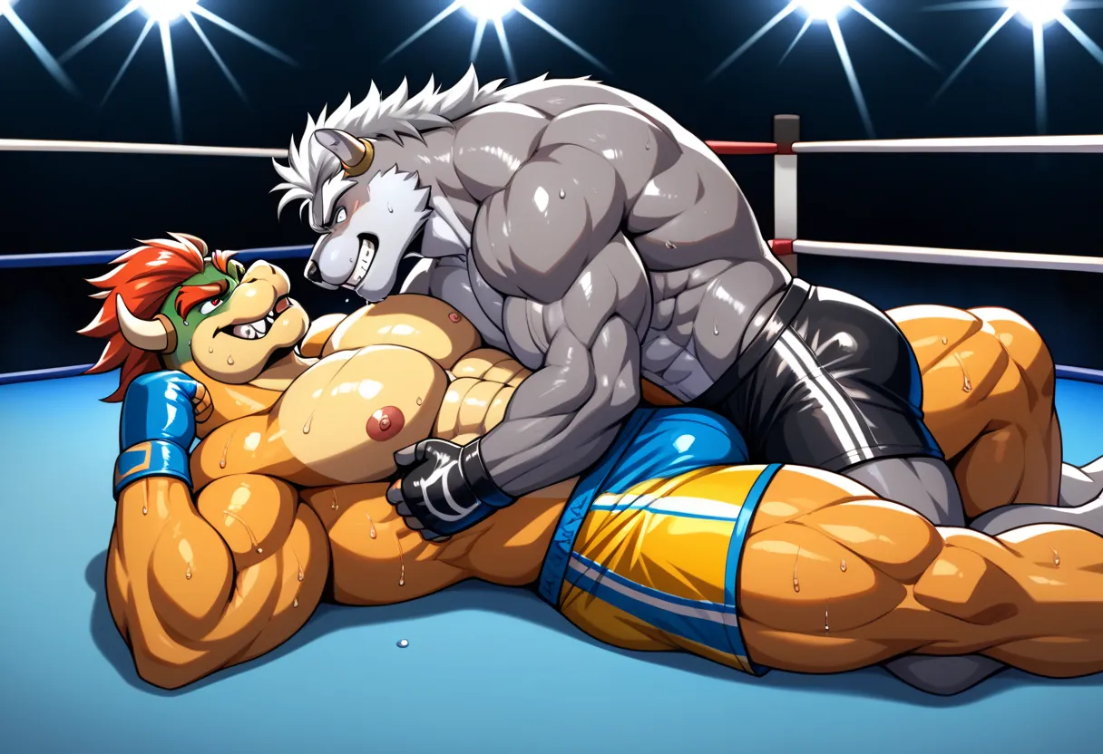 Duo anthro male(anthro Gray Wolf vs anthro Orange Bowser), handsomes(handsome hairstyles, Thick eyebrows, detailed face), [anthro Gray Wolf: big muscle body, between his legs, angry], [Orange Bowser: Big muscle body, muscle abs, evil grin, growling], Posit...