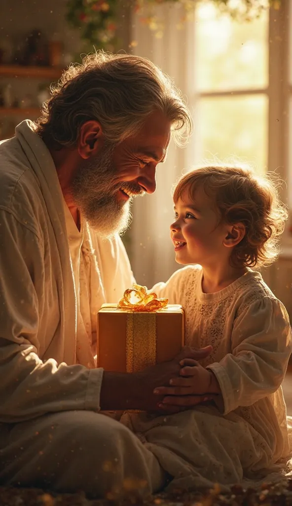 A Father Giving Good Gifts*: Show a father giving his  a wonderful gift, symbolizing God's goodness and generosity. Highlight the joy and gratitude on the 's face.