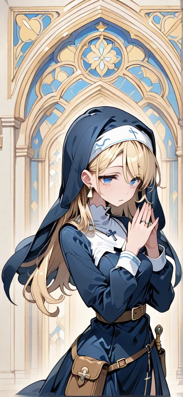 Female clergyman 　Long blonde hairstyle　 blue eye　medium breasts　loose, matte, deep dark blue monastic uniform（ Long Sleeve Dress）　Nun's Veil　accessory, a rosary、Small earrings on the ears、ring、Slightly loose waist belt　Small pouch　Dagger on belt　Backgroun...