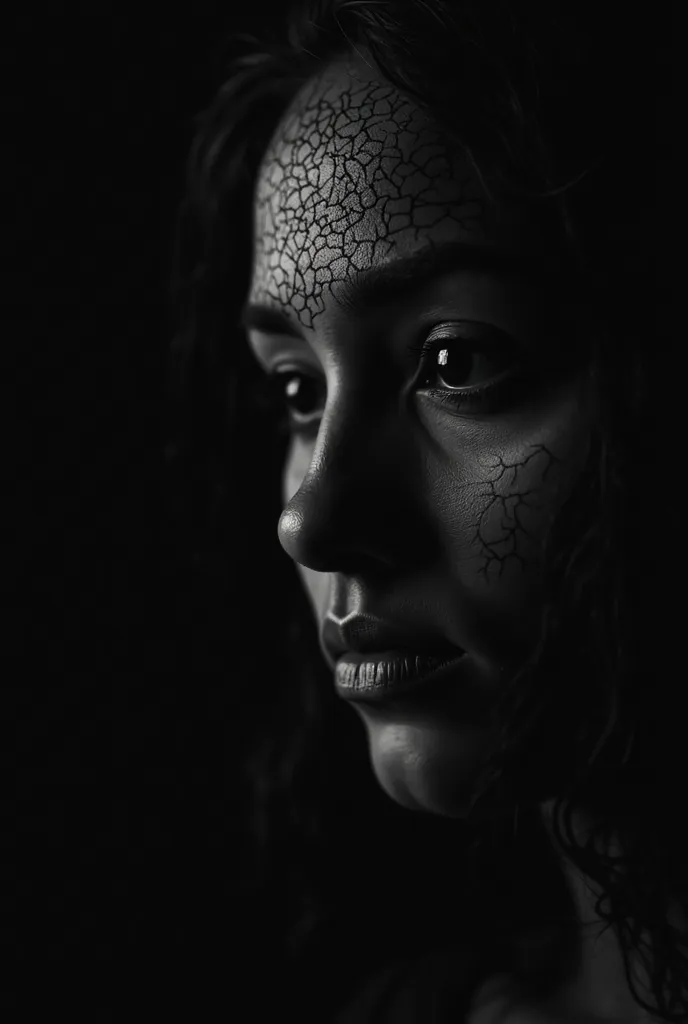 A shadowed face of a woman, her features delicately outlined but concealed in the soft embrace of darkness, tells a story without uttering a word. The faint light catches the curve of her jaw, while her forehead bears intricate, abstract patterns — symbols...