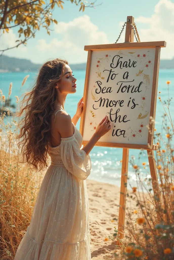  A beautiful girl with long wavy hair ，wearing a bohemian dress， Hand written “I Love Sea” Art Infinity” Whiteboard for text，and show the audience