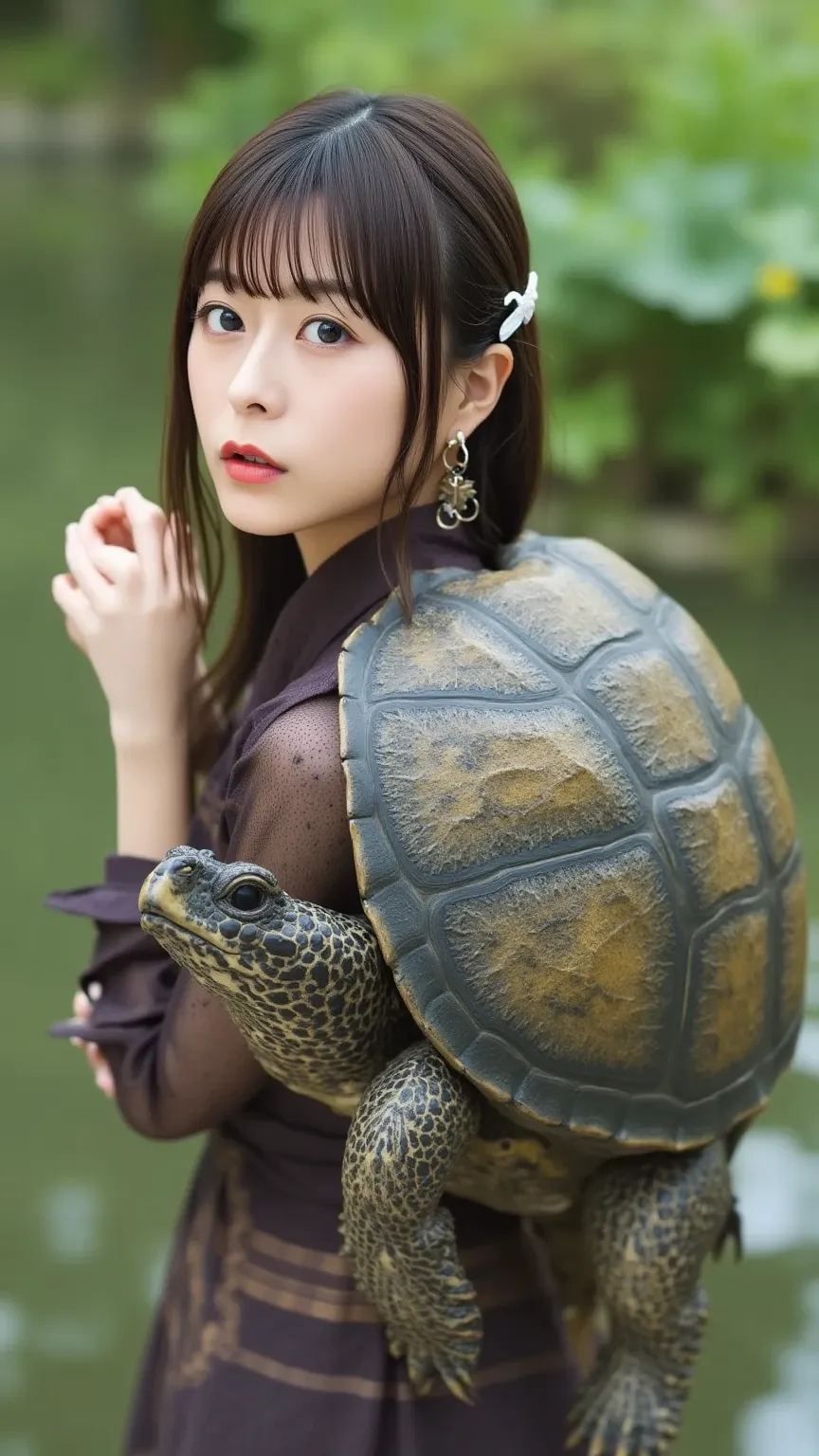 A Japanese woman who has unexpectedly fused with a turtle, wearing clothing that resembles a turtle shell. The woman has a surprised yet calm expression, and her outfit looks like a natural extension of a turtle's shell, covering her back and possibly exte...