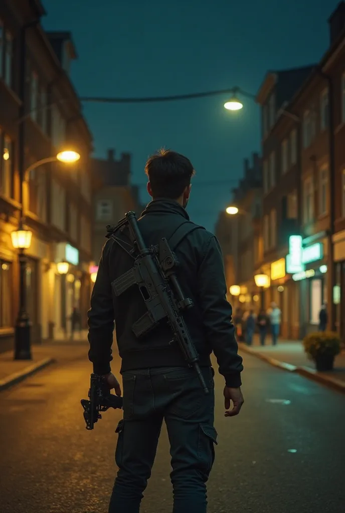 A picture of a man carrying a multiple firearm standing in the middle of the street alone in the dark under the lights of the lighting pole on the road. In the picture, yellow colors come out of the windows of houses and shops