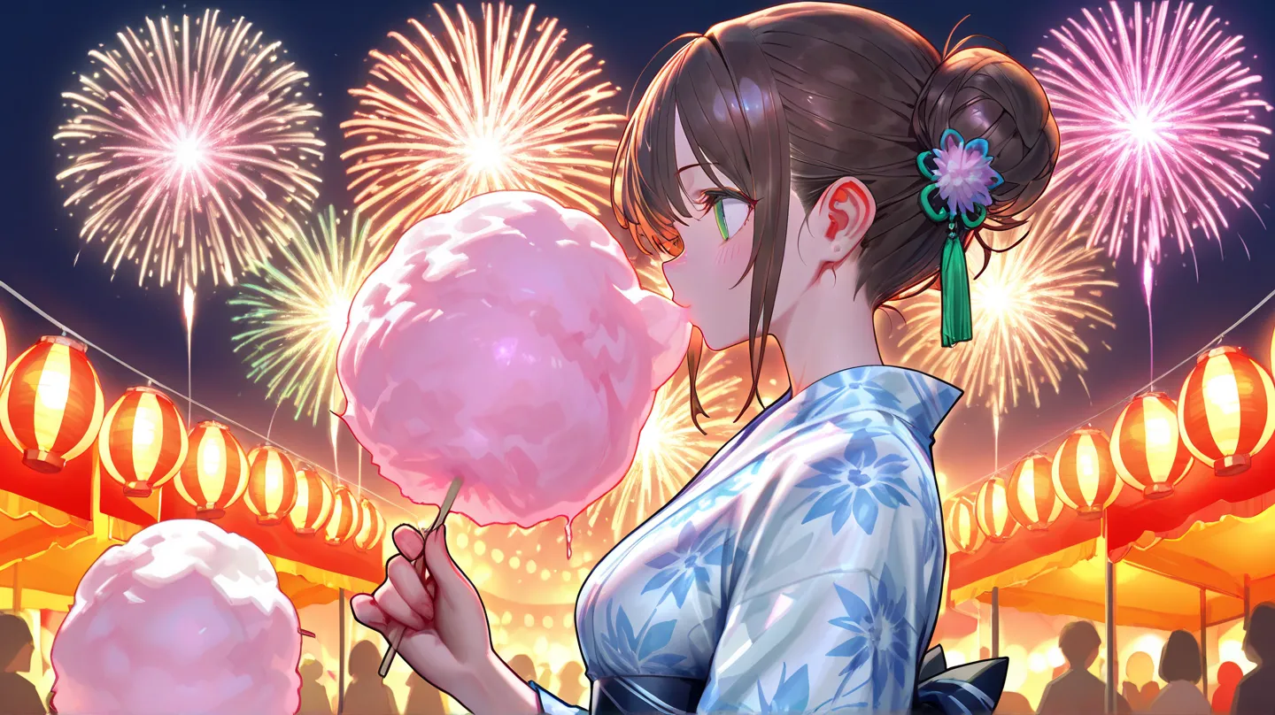 Girl, brown hair, bun, green eyes, gorgeous yukata, holding cotton candy, profile, fireworks display, festival