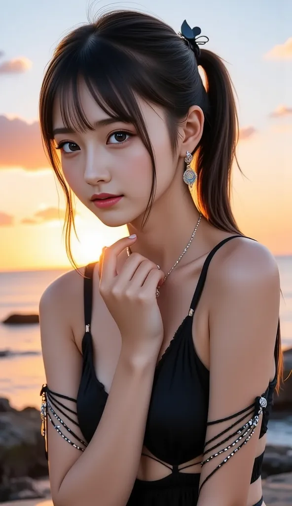 real image like the photo、８ｋ、Dazzling Seaside of the Rising Sun、 cross lace clothes 、long legs、Thin ankles、 full body image、background、 Suspended Eyes、A woman with an innocent expression that leaves the vibe of a girl、 Hair、straight hair、blue eyeshadow、Che...