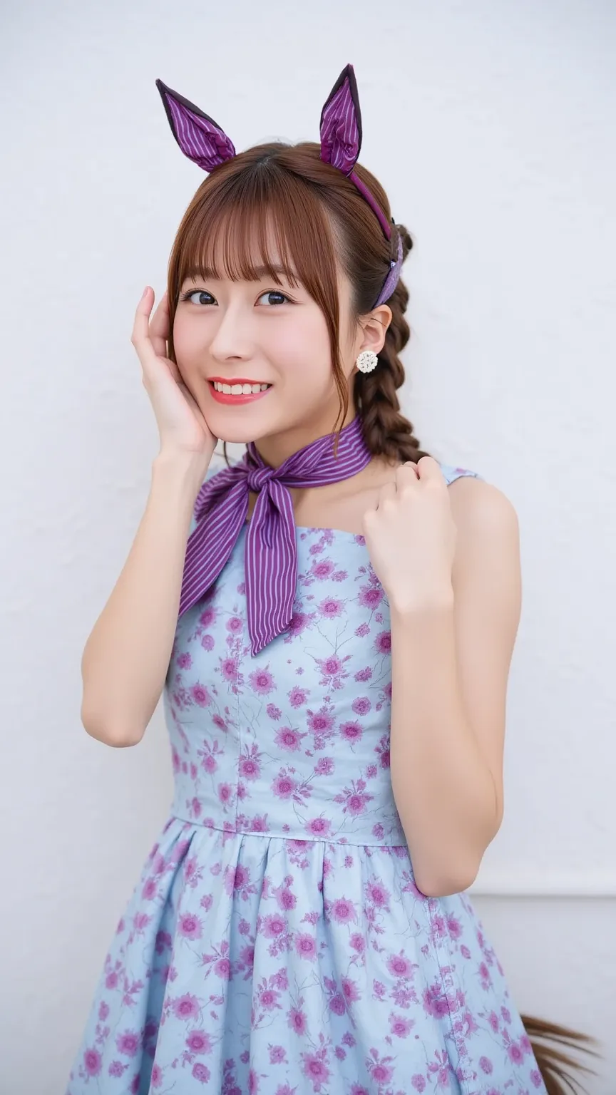 「A Japanese female idol who by accident merged with a horse。She has horse ears growing on her head、with a horse tail growing on her back。wearing a cute idol-like costume、posing with a bright smile。The background is simple、with her characteristics drawn pro...