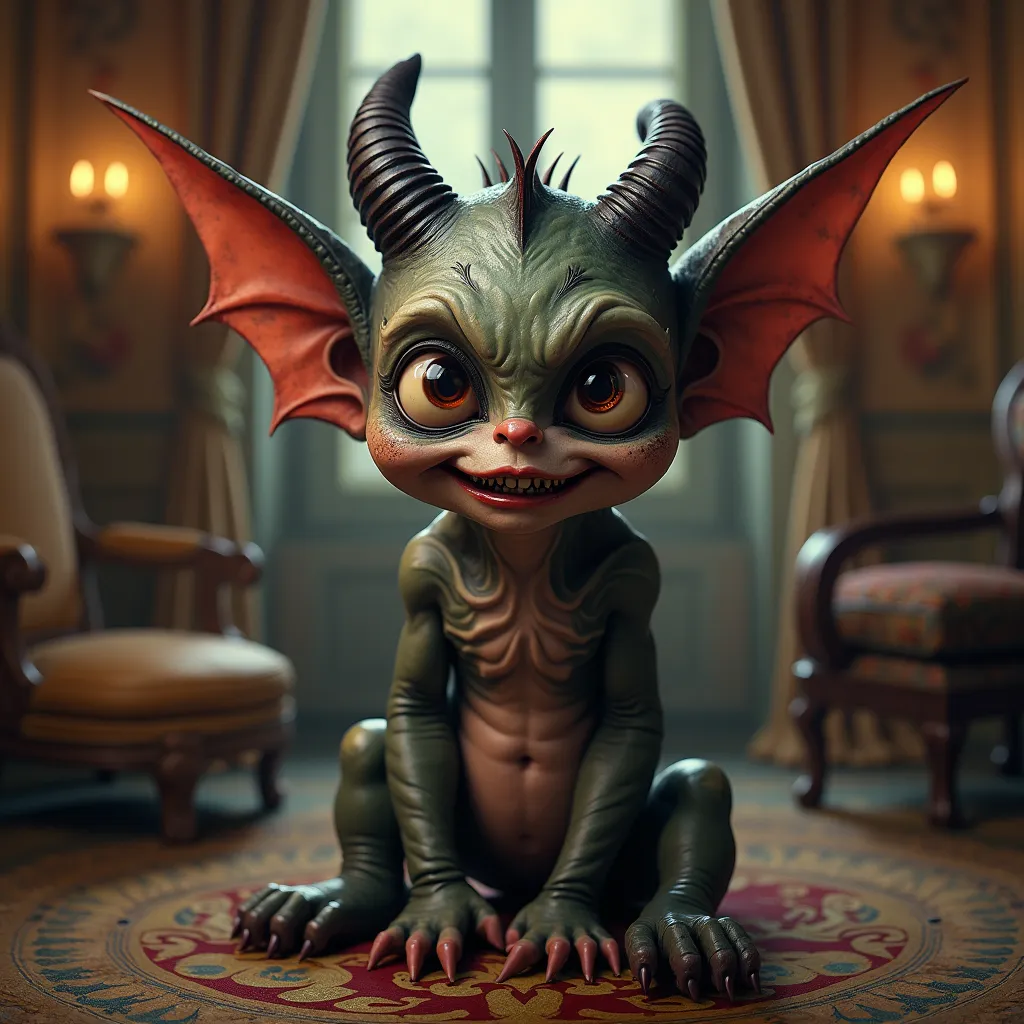 Hyper-maximalism, photorealism and ultra-detailed dynamics in the illusion of a wide-angle close-up of a horror-themed Cute baby demon with nebulous eyes and a demonic smile. She poses confidently in an eerily detailed mansion. This photograph was taken wi...