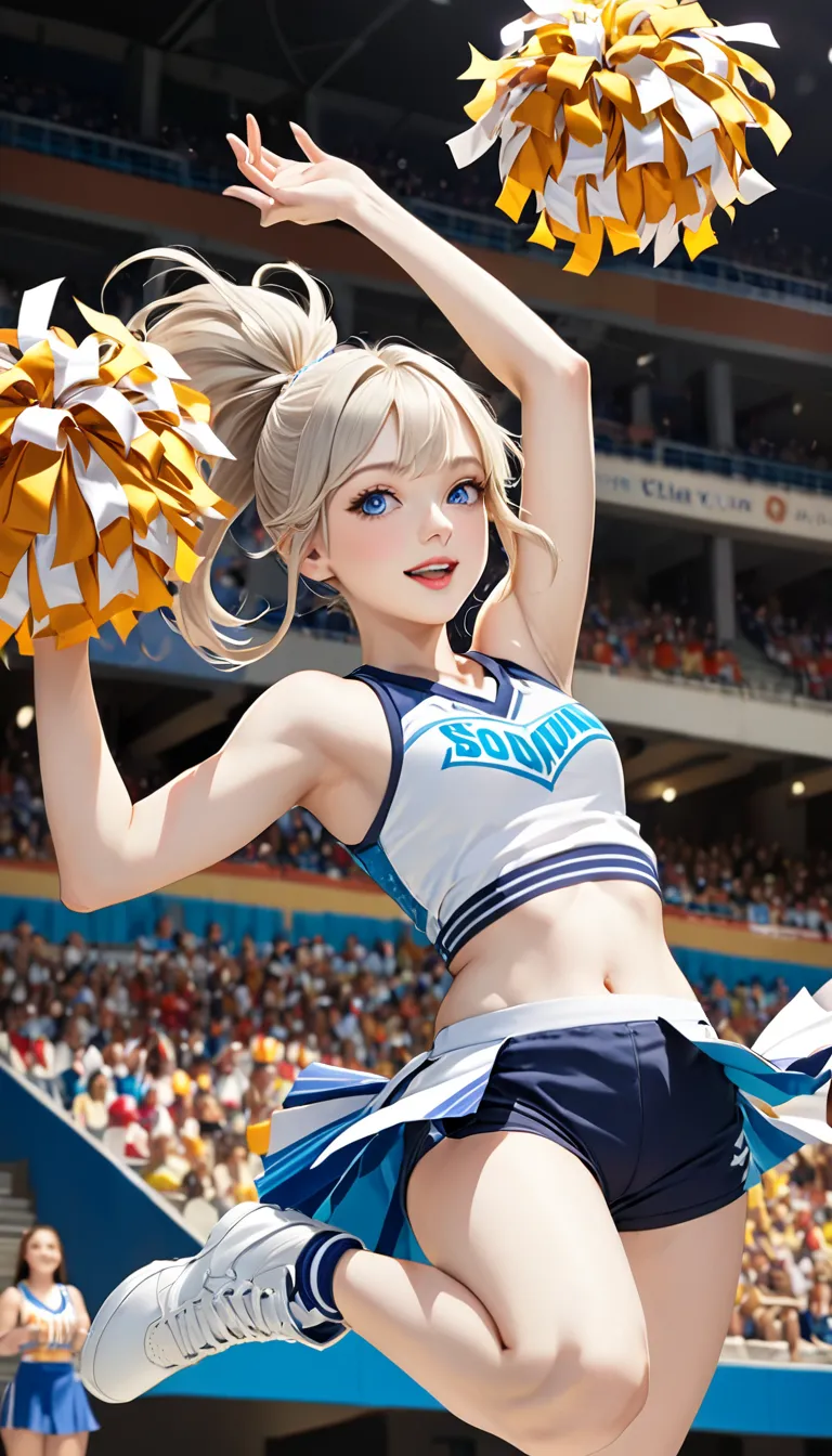 one girl, (22 years old girl:1.1), A girl performing cheerleading dance in mid-air during a split jump, ((Highest quality)), ((masterpiece)), (detailed), ((very detailed face)), High resolution photograph, Good light, (realistic photo shoot:1.1), (Beautifu...