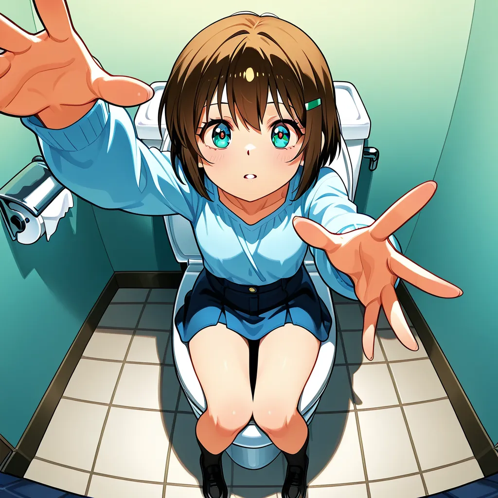 A little perspective anime illustration：Top view：1.5, beautiful anime girl" Nobara Kugizaki "- Head up - Reach out， alone，reaching for help， sitting on the toilet ， fisheye perspective, Top view, 