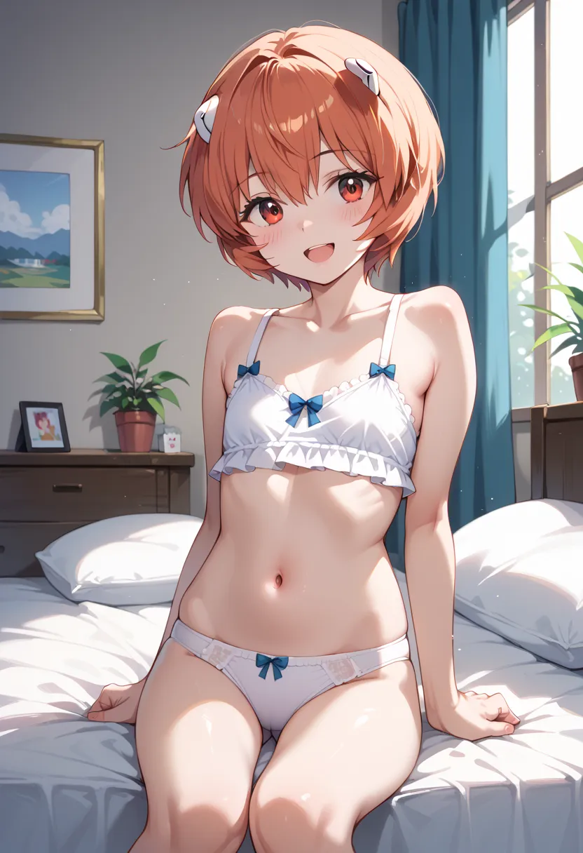 ((top quality)), ((masterpiece)), (be familiar with), perfect face, indoors, bedroom, watching viewers,
One woman, Ayanami Rei,
open mouth, ecstatic expression, blush, smile,
 small tits, flat chest, Young girl,  lori,  ,  girl,
Short Hair, short hair,
 op...