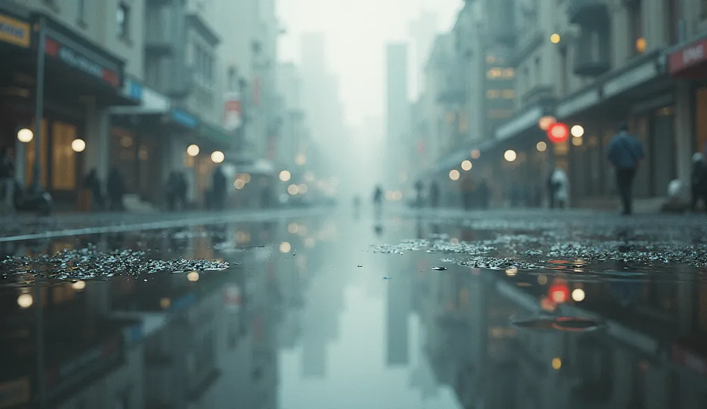 Muted City Reflections – A puddle reflecting city lights in a dreamy, distorted way, reinforcing a sense of stillness.