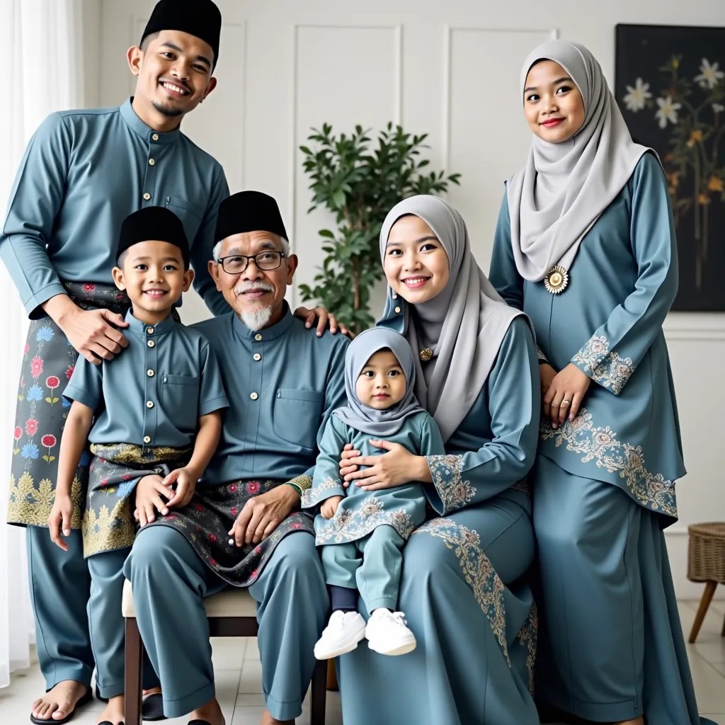 Create a photo with a 3:4 aspect ratio A muslim Malaysia family in elegant steel blue attire, and black fat shoes six member. A grandfather wears a Malay shirt with patterned cloth and a white kopiah, seated on a chair, while a grandmither wears a matching...