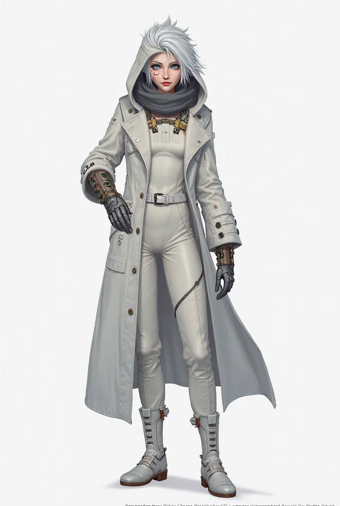 Overwatch Graphic Art, 2D, young woman wife with white skin and short spiky white hair with a part cut to the right leaving side bangs, bright blue eyes with no pupils, cuts on the face. dressing a long white trench coat, white trousers, a gray hood over h...