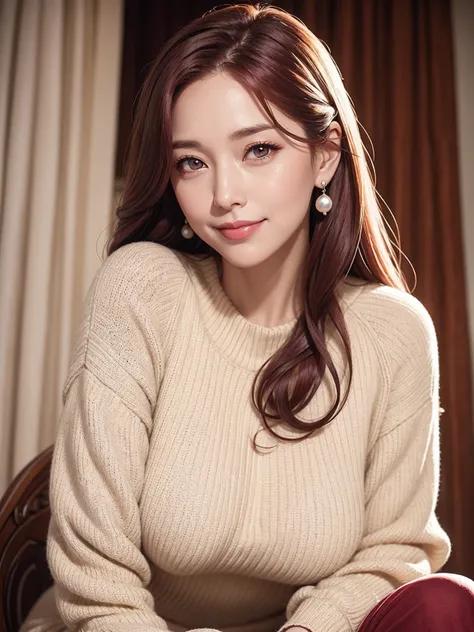 An intellectually mature woman，Long, supple maroon hair，Light amber-colored pupils， with a smile on the corners of the mouth ；wears a light-colored sweater or long dress on a daily basis，wears a pearl hairpin