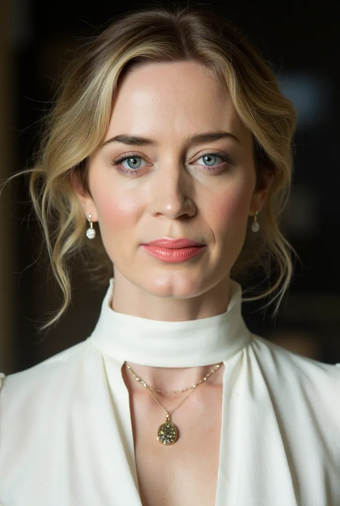 Breathtaking over the shoulder shot photography of Emily Blunt looking at viewer, high collar white blouse, imperfections, necklace with ornament falling down her back, looking over shoulders, eyelashes, fine hair detail, entire hairstyle visible, perfect ...