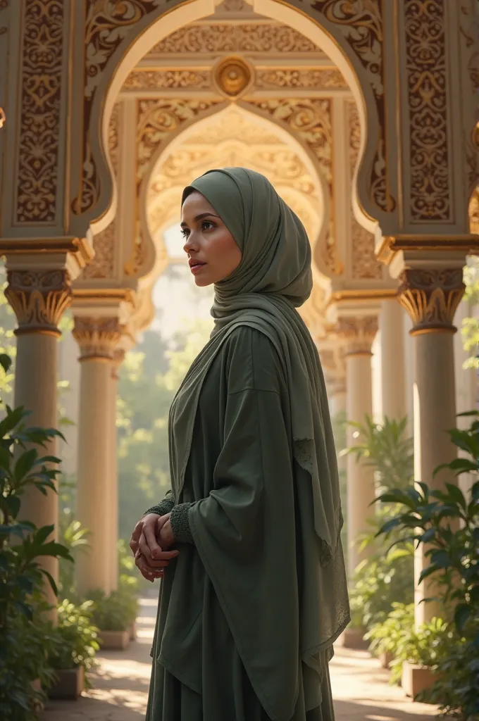 beutiful muslim woman, detailed facial features, graceful posture, serene expression, flowing hijab, standing in ornate islamic garden, golden filigree arches, lush greenery, warm sunlight, ornate middle eastern architecture, cinematic lighting, art nouvea...