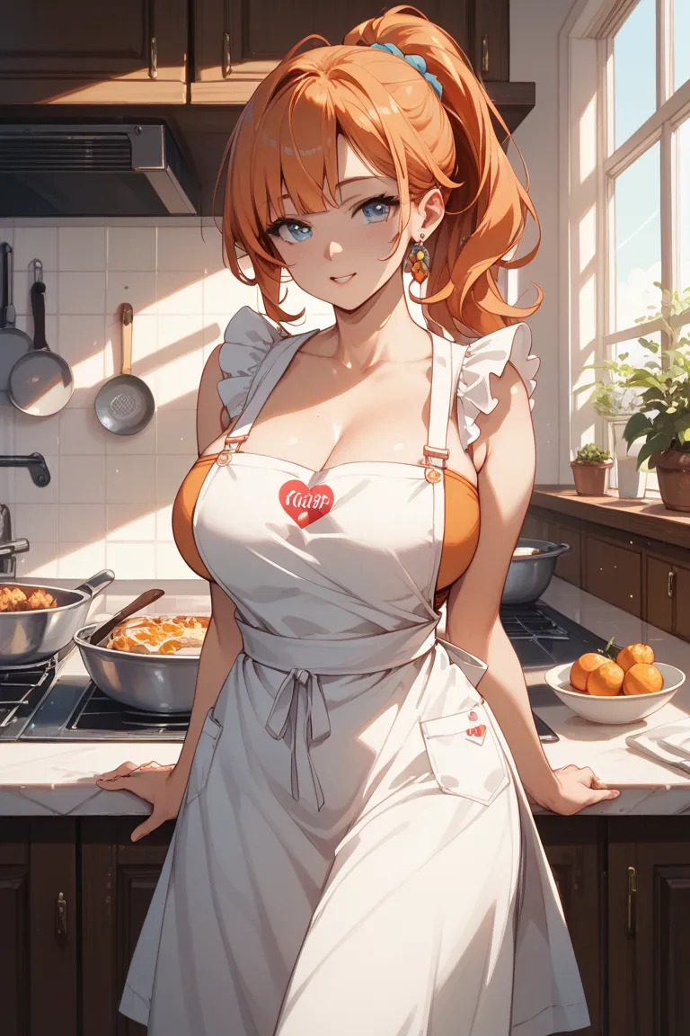 orange hair、ponytail、big breasts、apron、braless