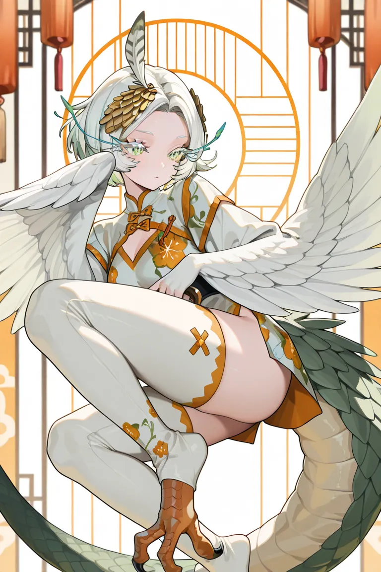 1 girl , solo , eyelashes , ((long eyelashes , feather eyelashes))
Cockatrice, winged arms, feathered wings, white feathers, white hair, talon feet, orange talons, hexagonal scales, white thighhigh scales, lizard tail, green tail, light green underside, ch...