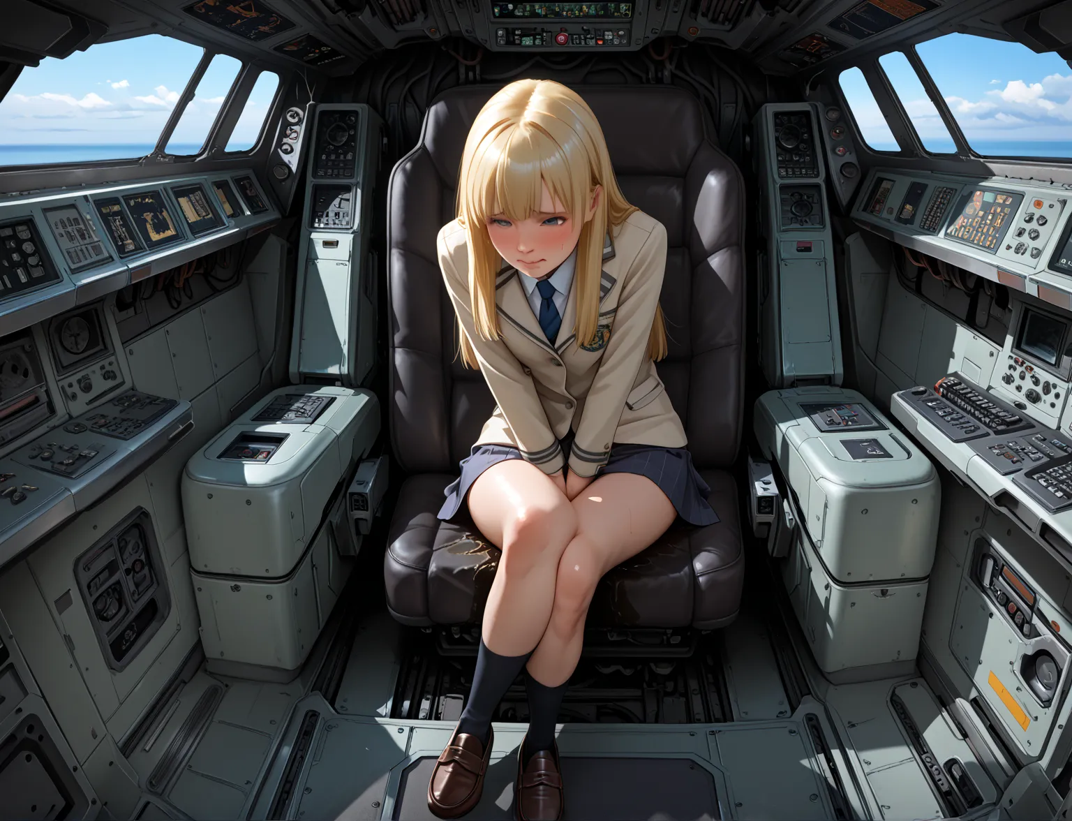 Score_9, Score_8_up, Score_7_up, Score_6_up, Score_5_up, Score_4_up, Source_anime, (extremely detailed and high-quality illustration),(best lighting and shadow effects, ultra-realistic), young women, blond, short skirt, commercial airline, straight hair, p...