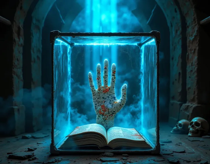 （A Forbidden Book） ，（血迹飞溅的old的玻璃盒内的sealed的中国的线状古书：1.7），sealed，贴old的封条，，high-hanging swords，Lots of dead skulls，Tomb内好多防盗的机关，一道巨大蓝色beam，old，Retro，Tomb，beam，The image of a giant skull hand consists of countless tiny dots of light，, this dotted visual effect ...