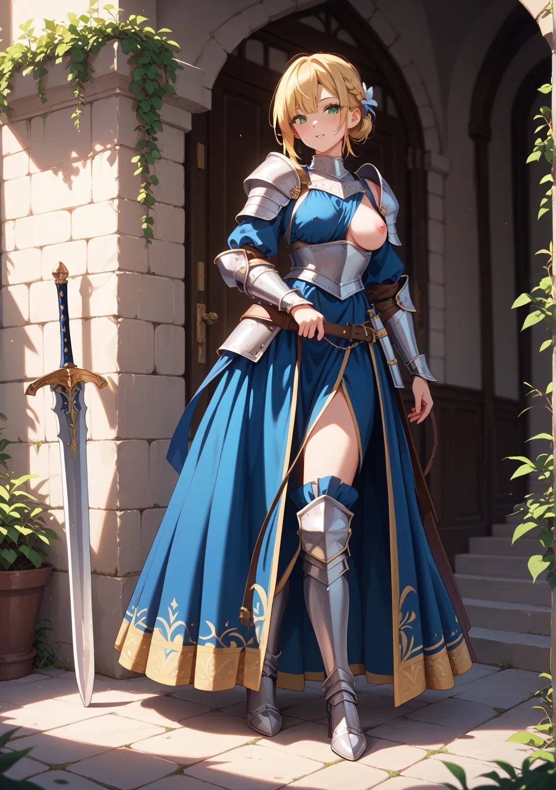 nsfw,girl,glamorous,straight hair,medium hair,blond hair,dark green eyes,{{{One breast is coming out,One nipple is coming out}}},french braid,blue dress,Silver Armor,sword,low bun,full body,blue dress,Knight