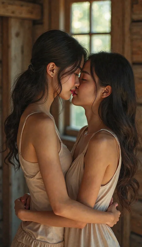 Young Asian faces sat hugging each other inside a small old wooden debate. The soft morning sun streamed through the wooden window openings, hitting the attached bodies. 