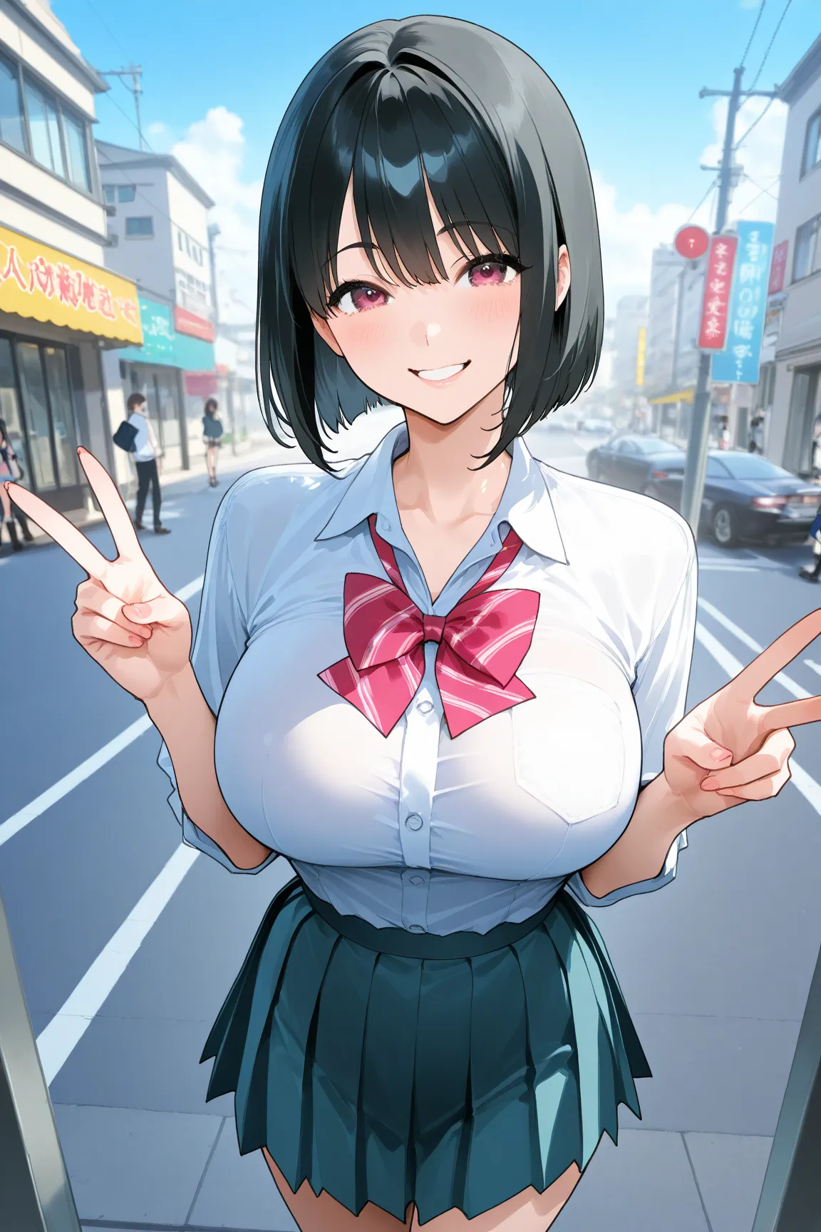 Peace Sign、 stylish clothes 、Playing in the city、Happy smile、glamorous、high image quality during sick leave、、 black haired bob、Big Breasts、high school girl、 angle of view showing the whole body